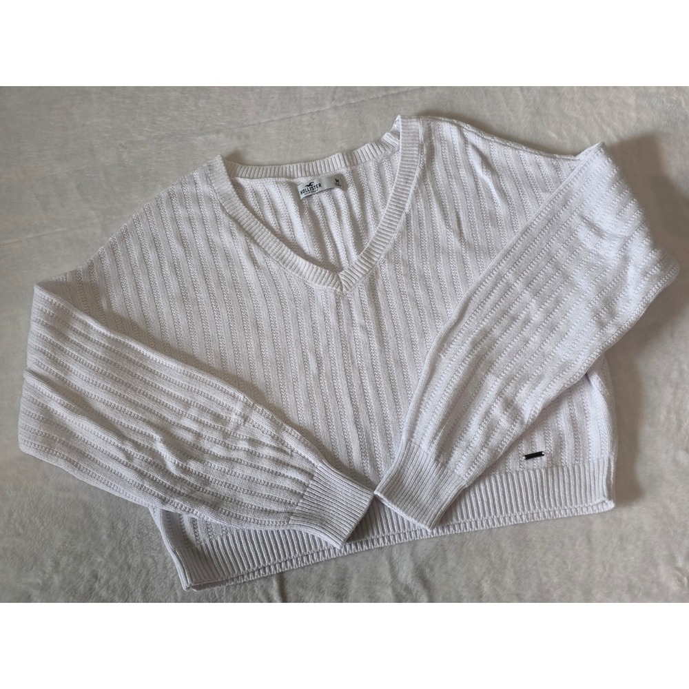 Hollister White Ribbed V-Neck Cropped Sweater Womens Medium Long Sleeve Cotton